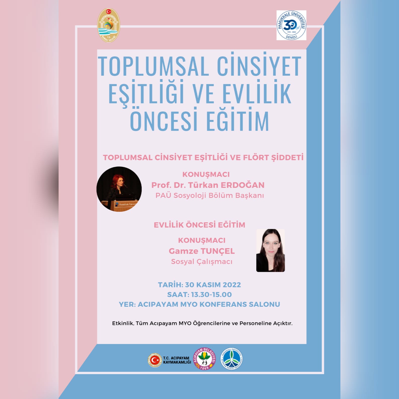 Acıpayam İlçesinde "Toplumsal Cinsiyet Eşitliği, Flört Şiddeti, Aile İçi İletişim ve Kadına Yönelik Şiddetle Mücadele" Eğitimi verilecektir