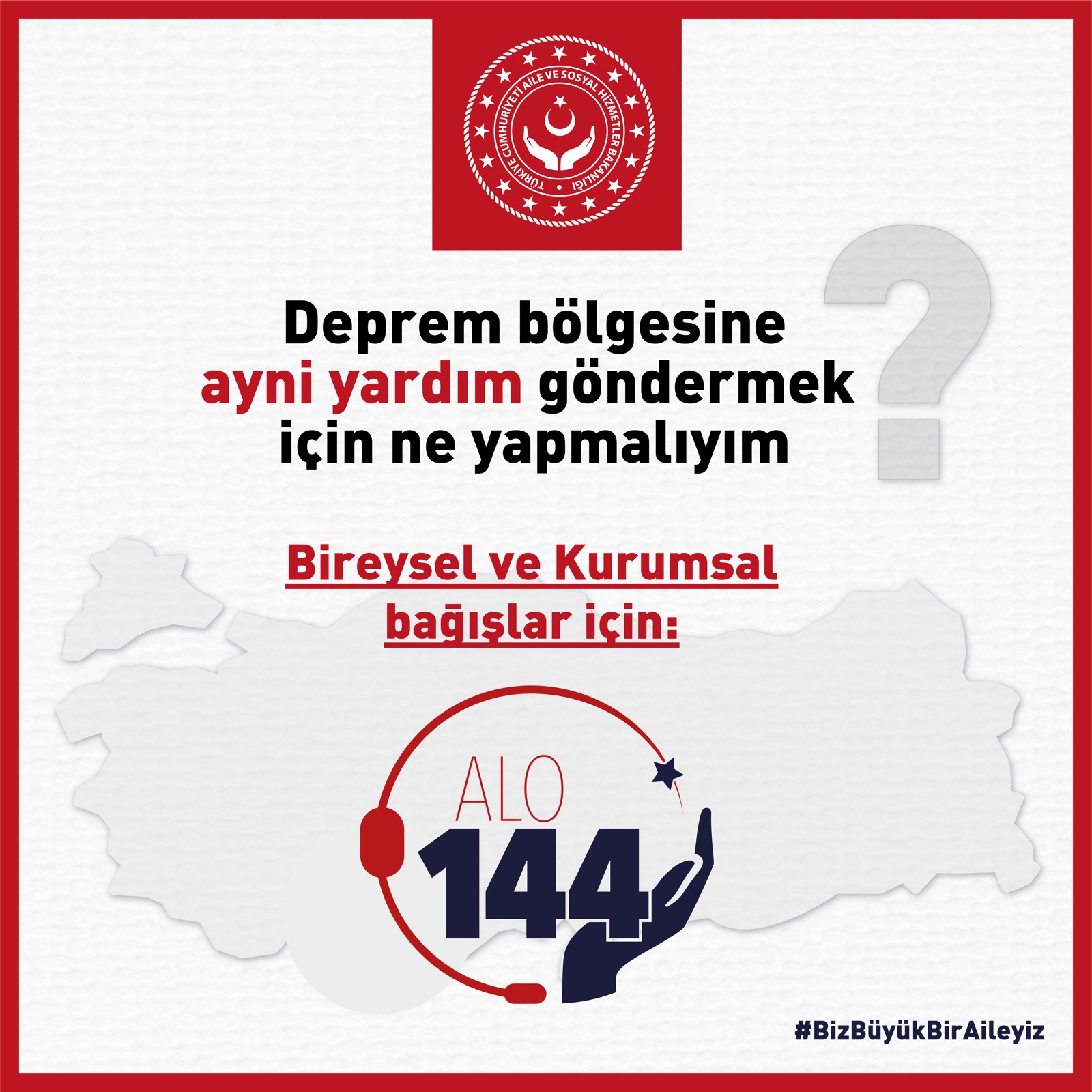 Sosyal Yardım Hattımız ALO 144, yapılan ayni yardımların hedef depolara yönlendirme işlemine hızla devam ediyor.  Deprem bölgelerine ayni yardımda bulunmak isteyen kişi ya da kuruluşlar ALO 144 ile iletişime geçebilir