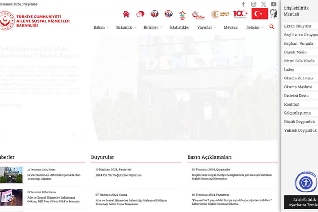 The website of the Ministry of Family and Social Services are available to the service of citizens with disability with the “Accessibility Menu”