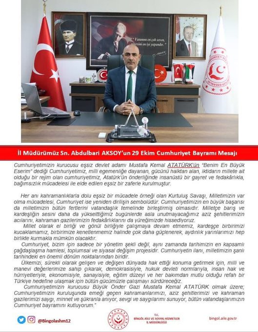 İl Müdürümüz Abdulbari AKSOY’un 29 Ekim Cumhuriyeti Bayramı tebrik mesajı