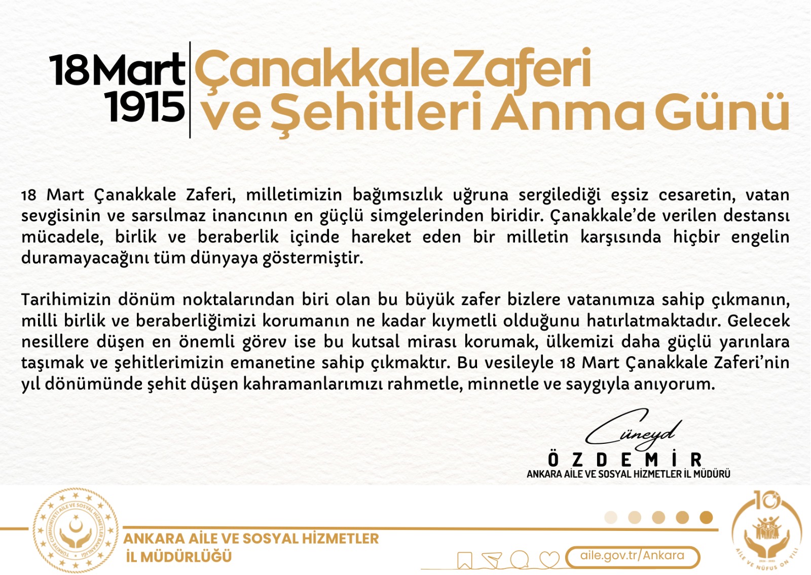 İl Müdürümüz Sayın Cüneyd ÖZDEMİR’in “18 Mart Çanakkale Zaferi ve Şehitleri Anma Günü” Mesajı;