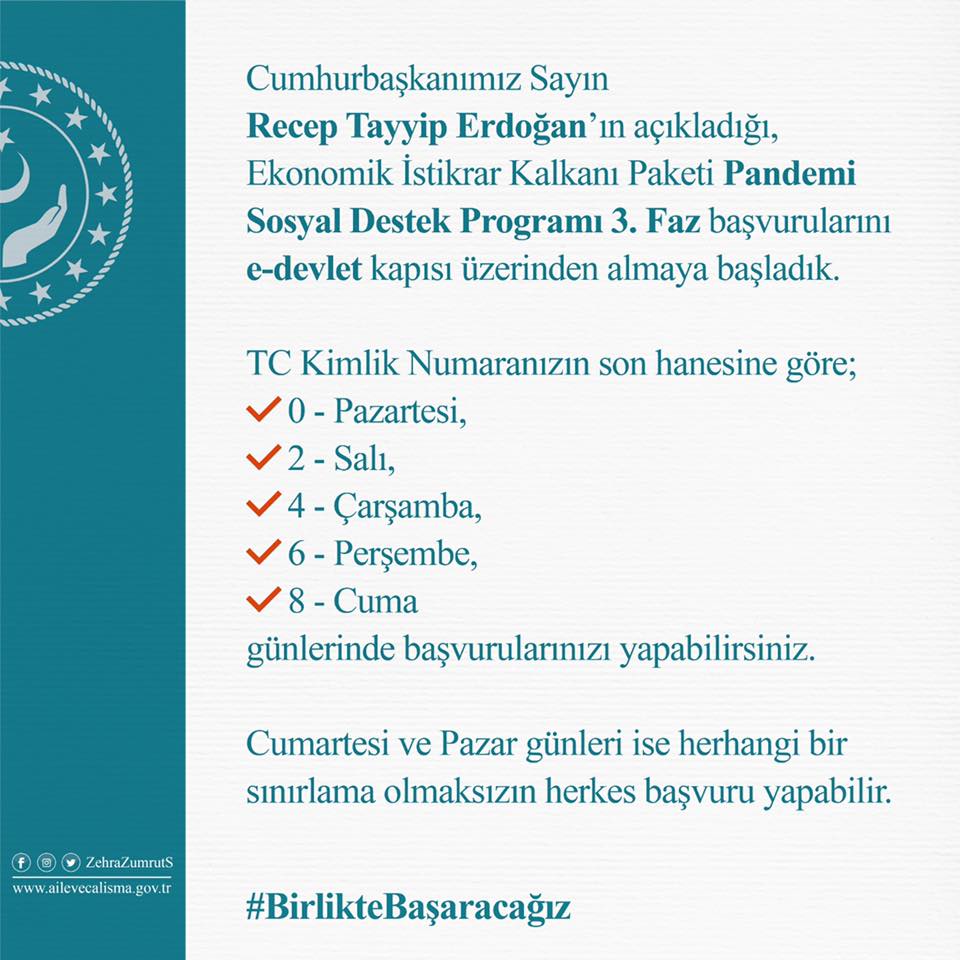 Ekonomik İstikrar Kalkanı Paketi Pandemi Sosyal Destek Programı 3. Faz Başvuruları Başladı