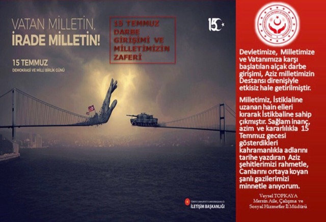 İl Müdürümüz Veysel TOPKAYA' nın 15 Temmuz Demokrasi ve Milli Birlik Günü Mesajı