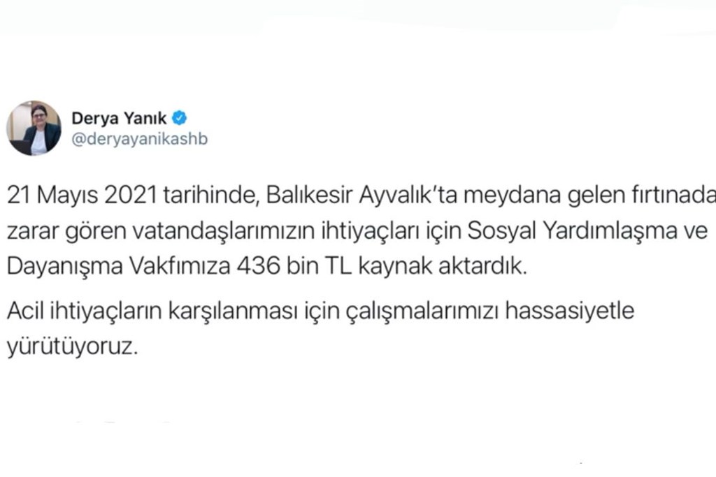 Bakanımız Sayın Yanık: “Ayvalık'taki fırtınadan zarar gören vatandaşlarımız için SYDV'lere 436 bin lira kaynak aktardık”
